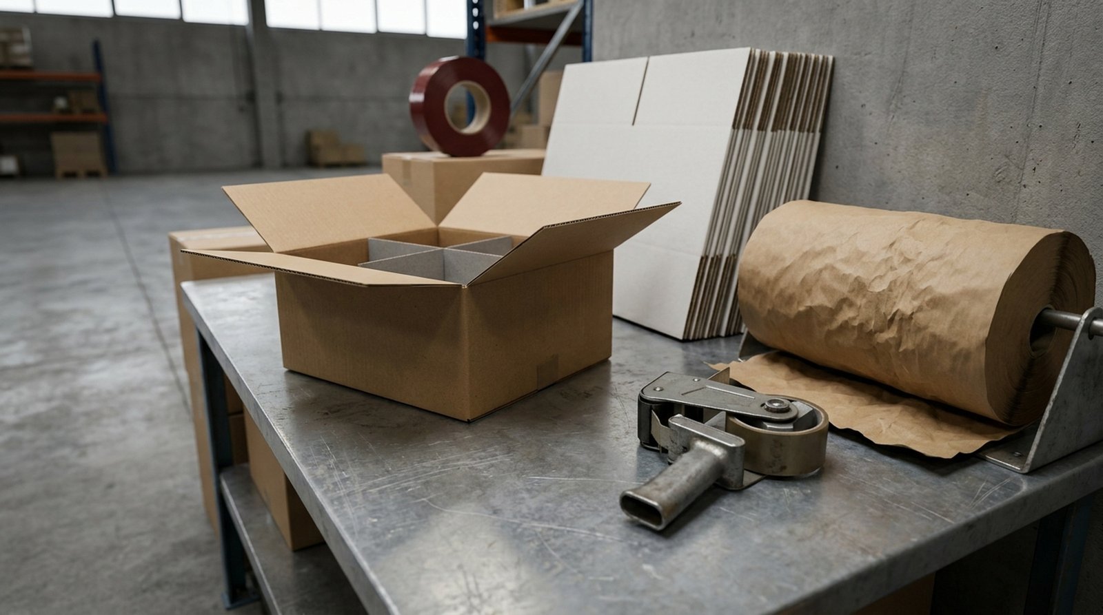 A packing bench with a part-built kraft carton, a steel tape gun and a roll of kraft void-fill paper
