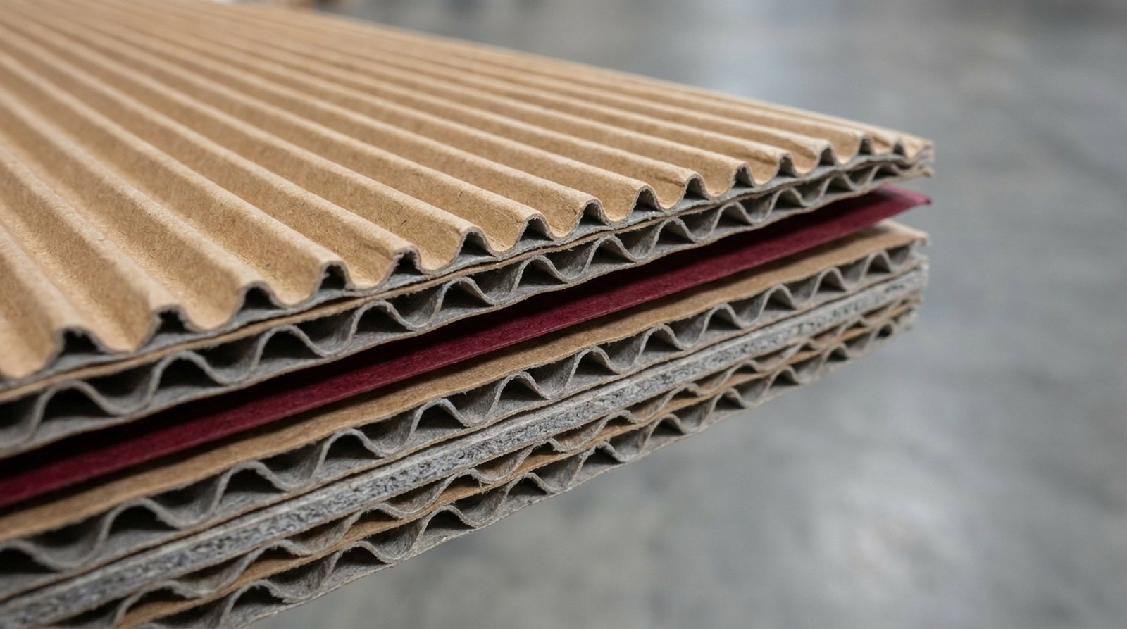 Macro photograph of the cut edge of double-wall corrugated board, showing the fluting between two kraft liners