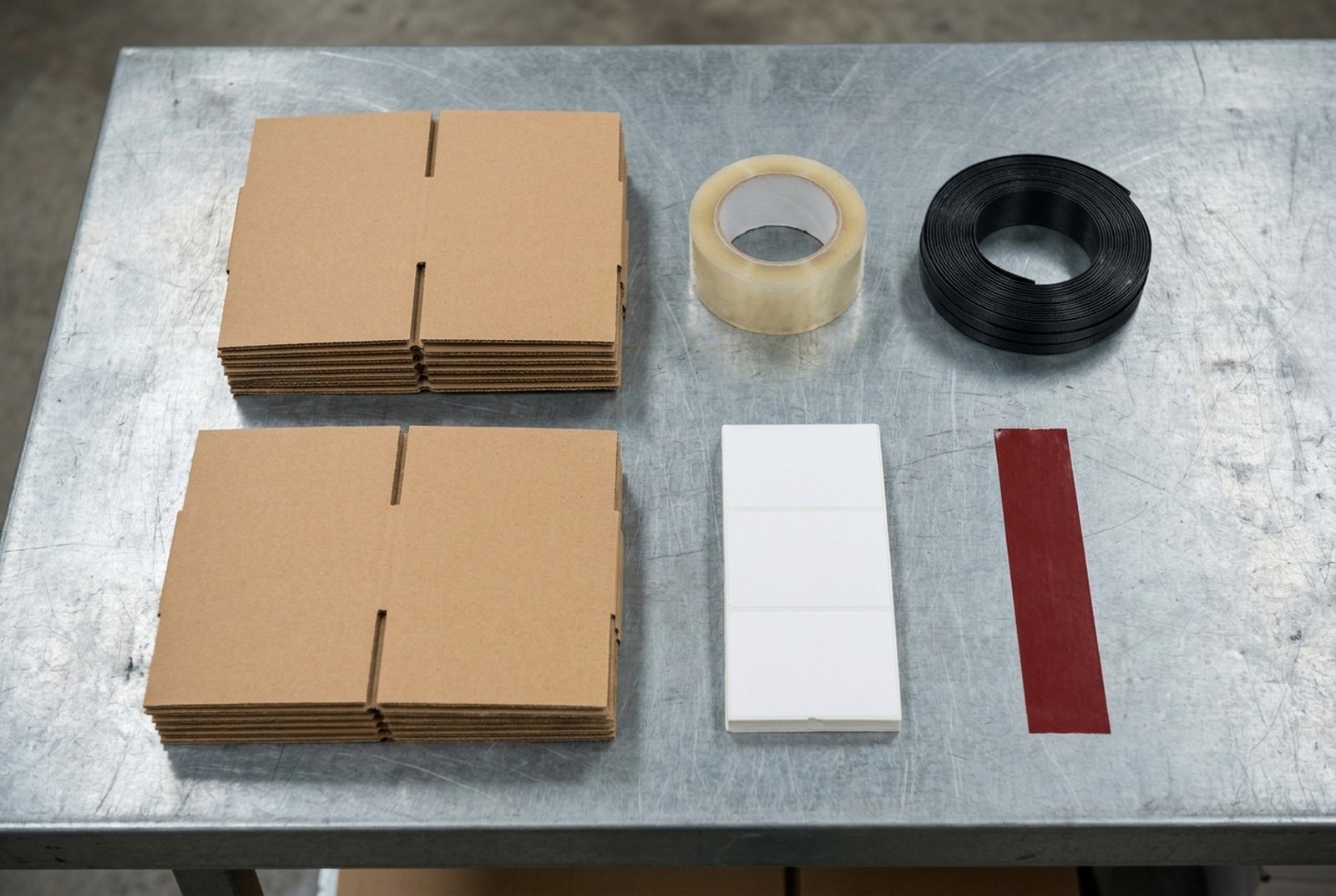 Overhead flat-lay of flat kraft cartons, a roll of clear tape, a coil of strapping and a stack of shipping labels on a galvanised bench