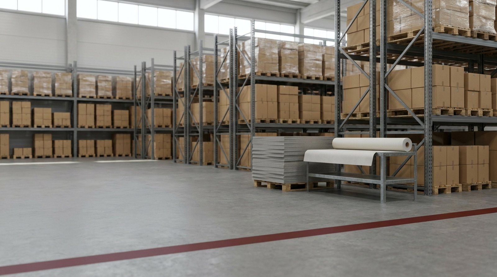 Pallet racking stacked with plain kraft cartons in the Vitality Logistics distribution warehouse